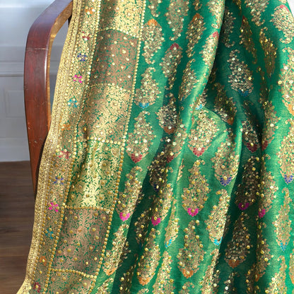 Bottle Green Mukesh Bandhini Dupatta